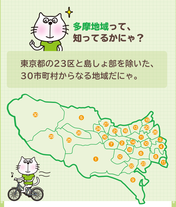 多摩地域って知ってるかにゃ?東京都の23区と島しょ部を除いた、30市町村からなる地域だにゃ。SP